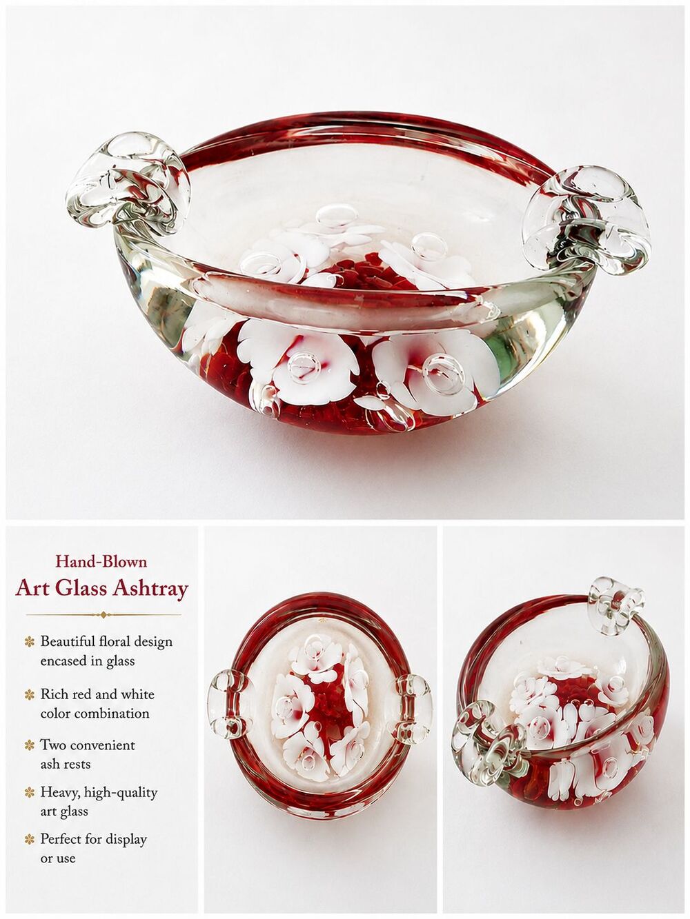 Vintage Art Glass Ashtray Red White Encased Floral Lampwork Hand Blown Heavy